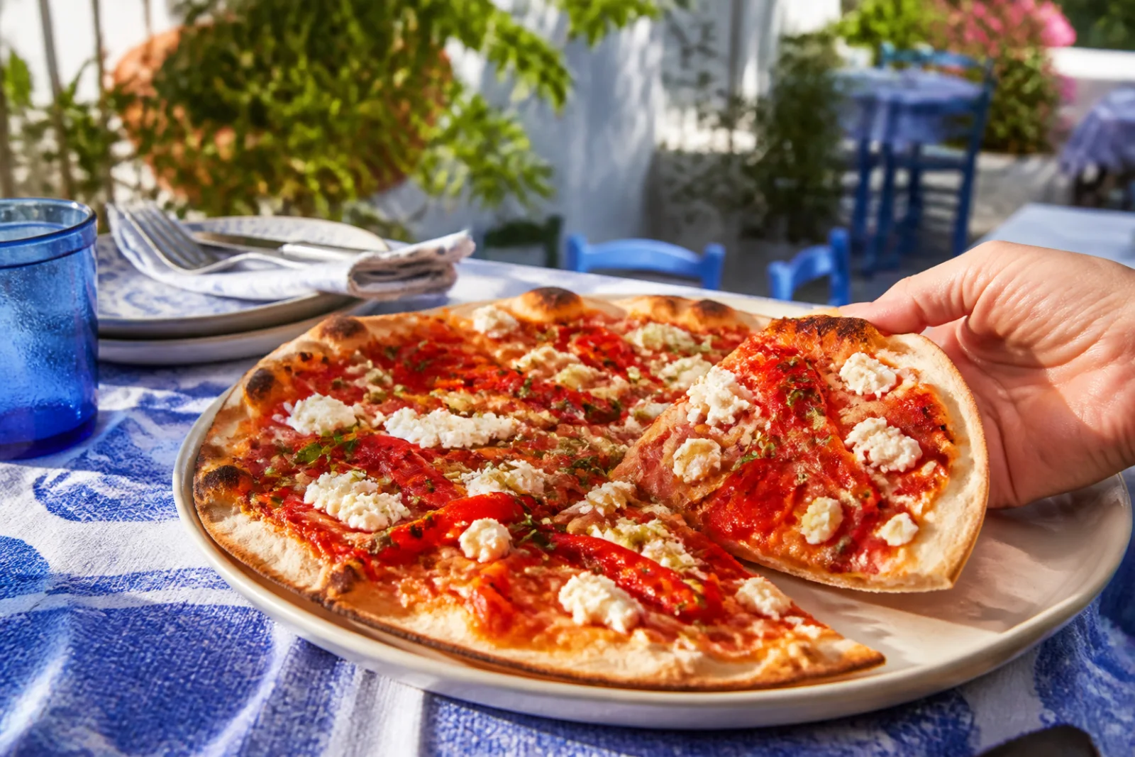 A sliced roasted red pepper and feta pizza with browned crust, melted mozzarella, crumbled feta, oregano, and evenly spaced pepper strips