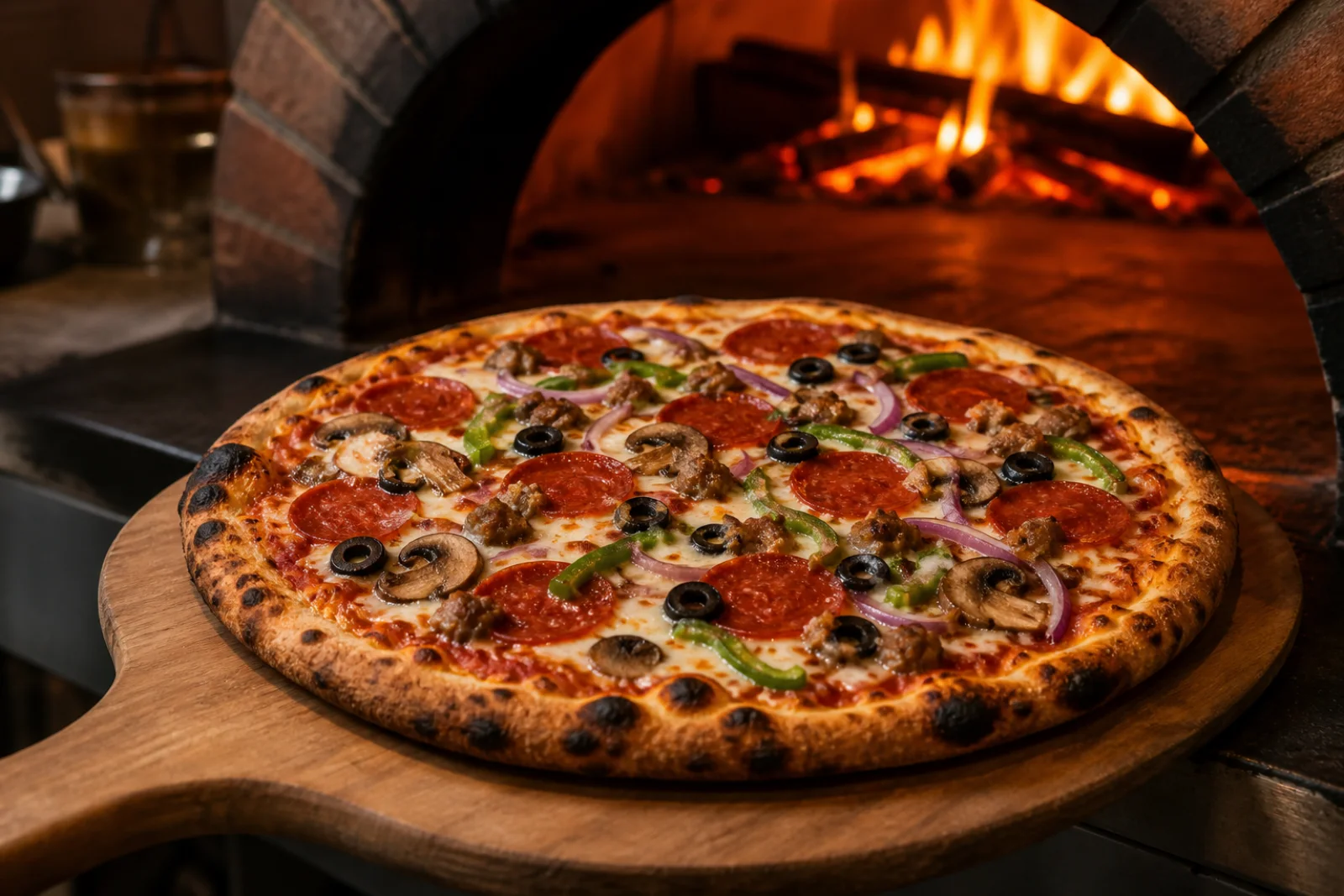 A sliced 12-inch supreme pizza topped with pepperoni, cooked sausage, green pepper, onion, mushrooms, black olives, tomato sauce, and browned mozzarella