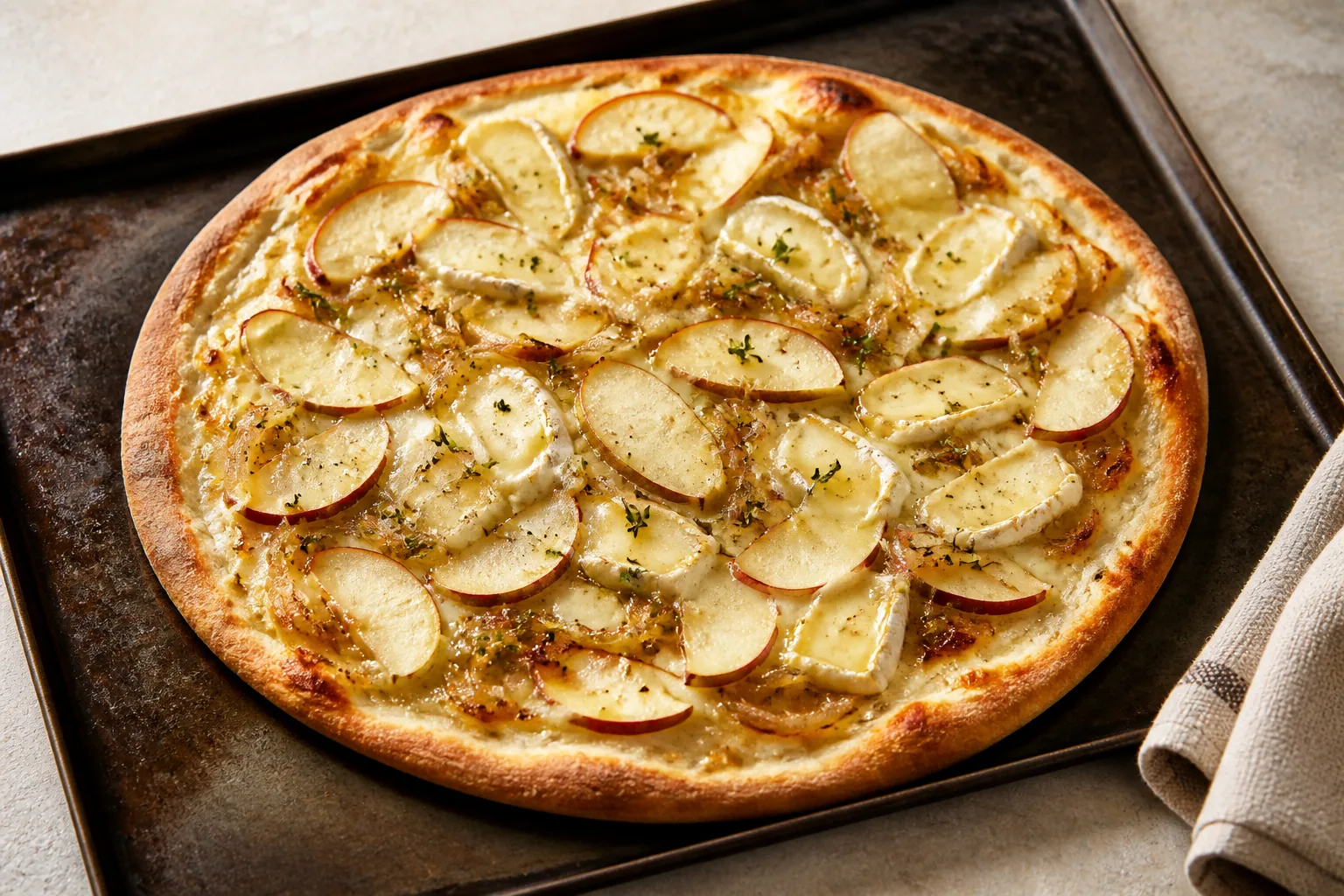 Thin-crust apple and Brie pizza with caramelized onion and fresh thyme on a dark serving board