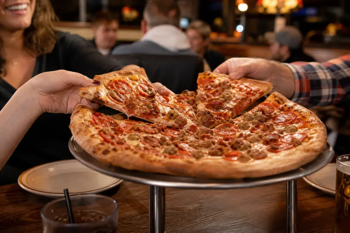 A sliced 12-inch meat lovers pizza topped evenly with pepperoni, crumbled sausage, chopped bacon, ham, browned mozzarella, and a crisp raised crust
