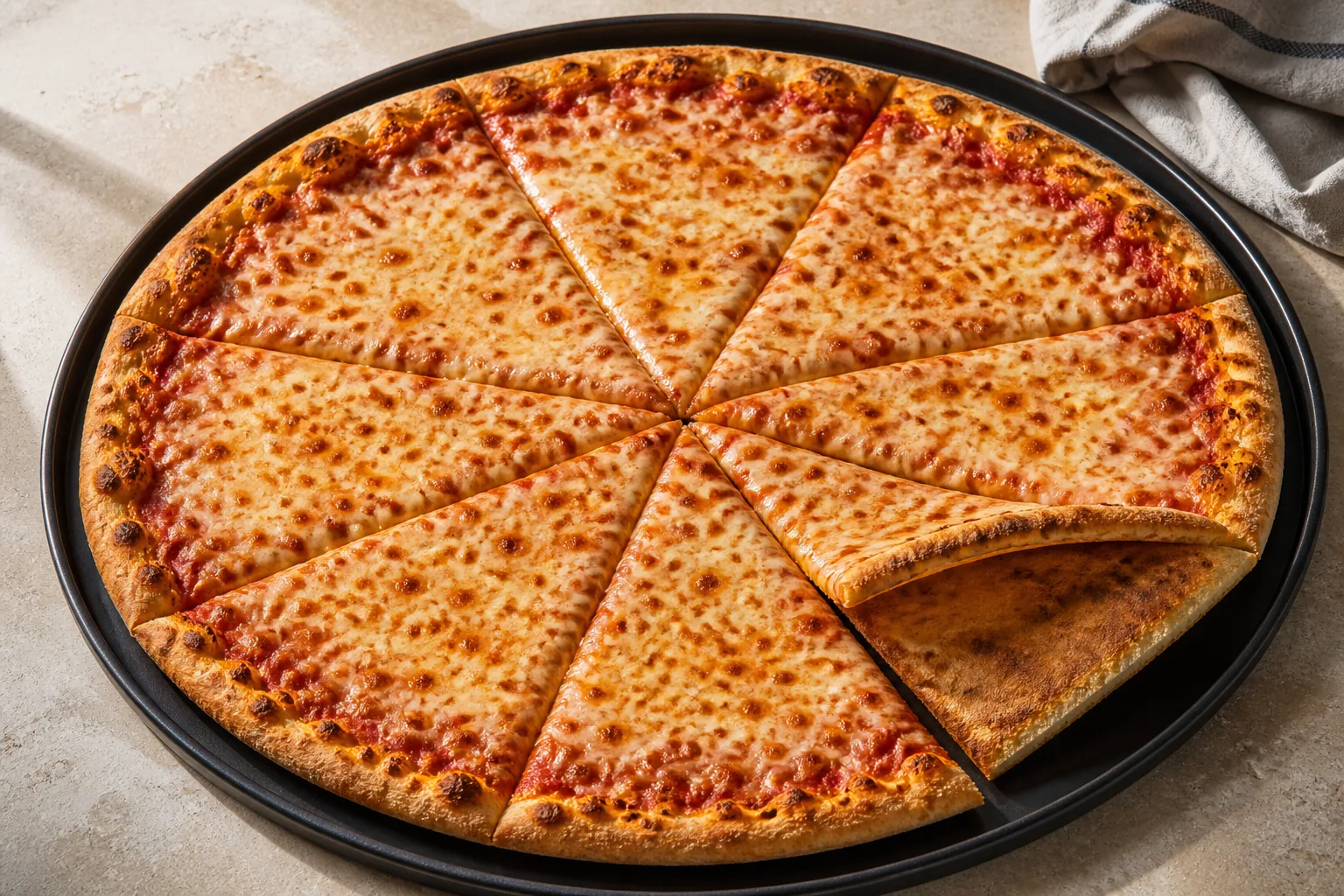 Large New York-style cheese pizza with browned mozzarella and a thin crisp-chewy crust