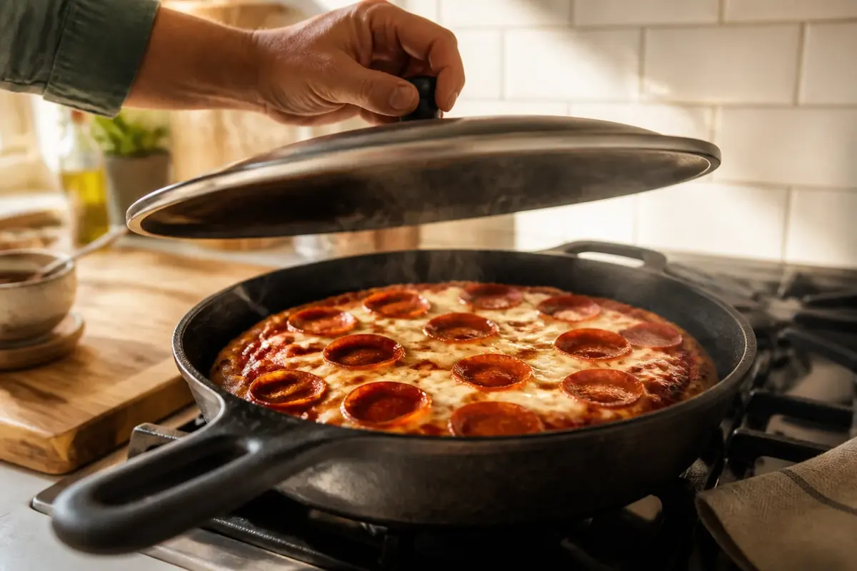 Two small stovetop pizzas with browned crusts, melted mozzarella, tomato sauce, and basil beside a covered cast-iron skillet
