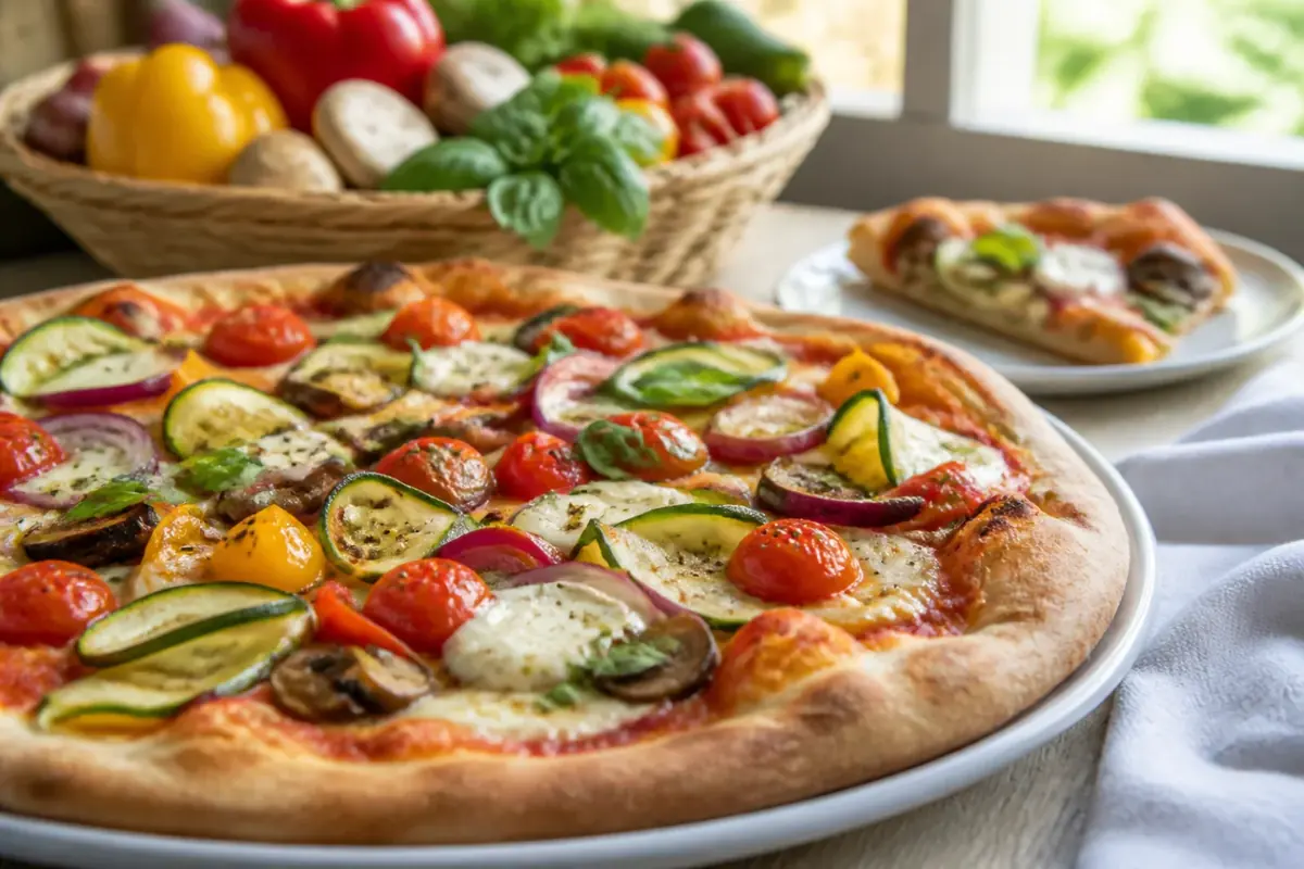 A sliced vegetable pizza topped with browned mushrooms, zucchini, bell pepper, red onion, tomato sauce, and melted mozzarella on a browned crust