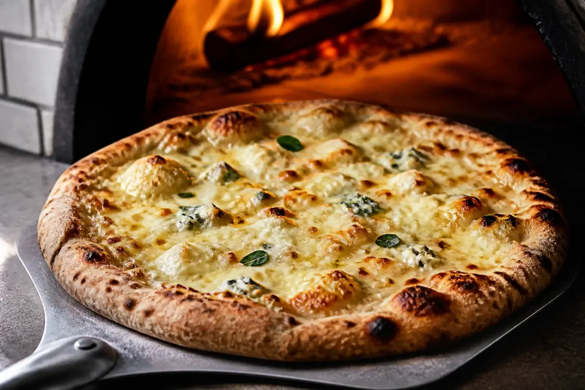 A sliced 12-inch four-cheese pizza topped with melted mozzarella and fontina, small ricotta dollops, grated Parmesan, and fresh basil