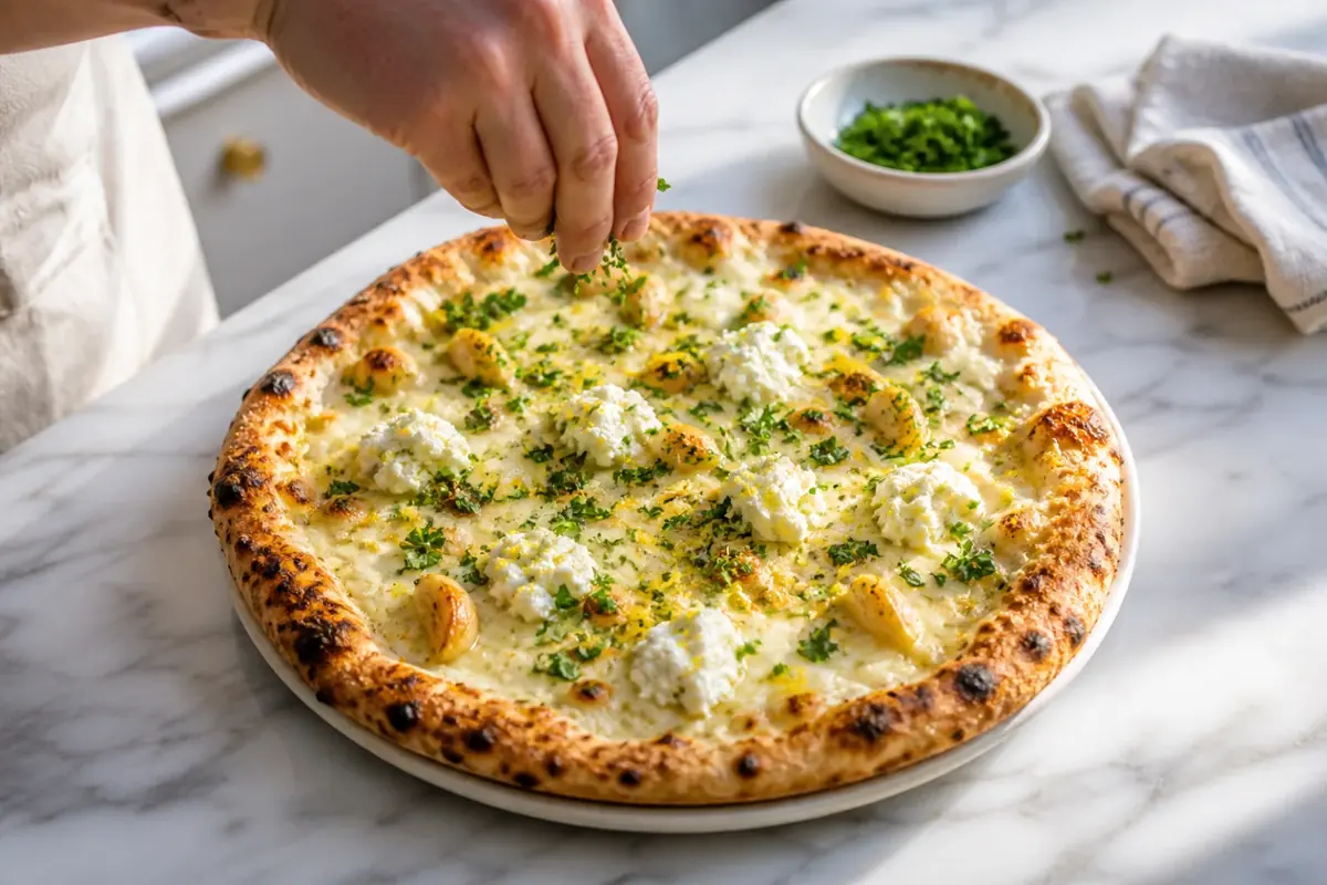 A sliced garlic, herb, and ricotta white pizza with browned crust, melted mozzarella, small ricotta dollops, black pepper, and fresh basil