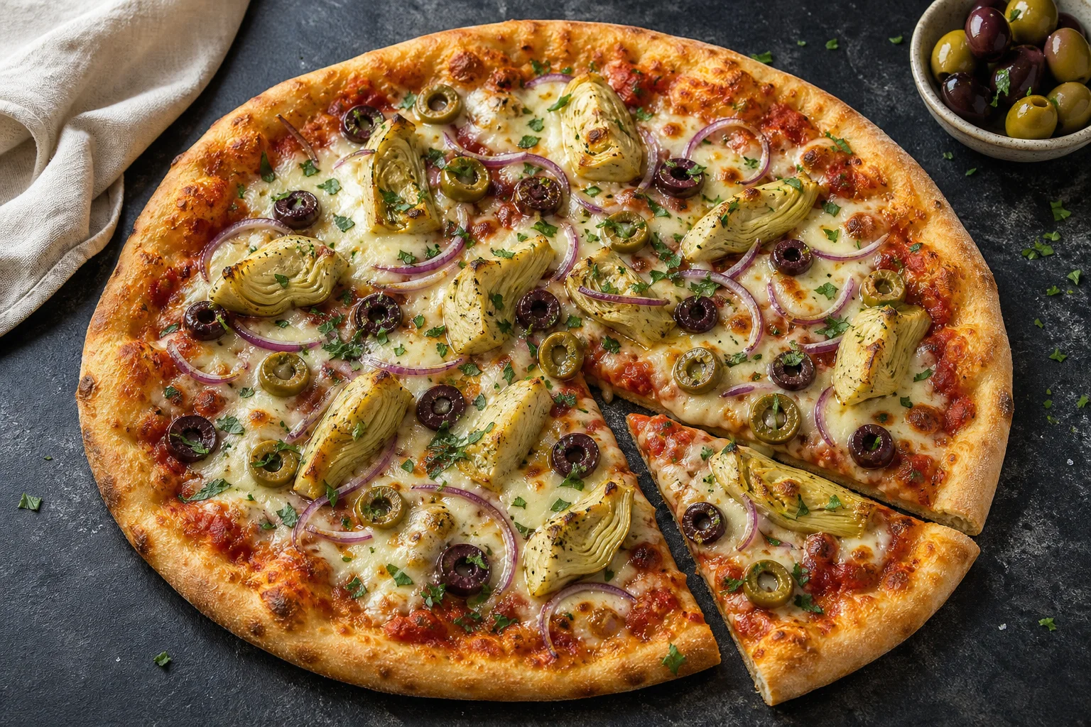 A sliced artichoke and olive pizza with browned crust, melted mozzarella, tomato sauce, parsley, and fine lemon zest