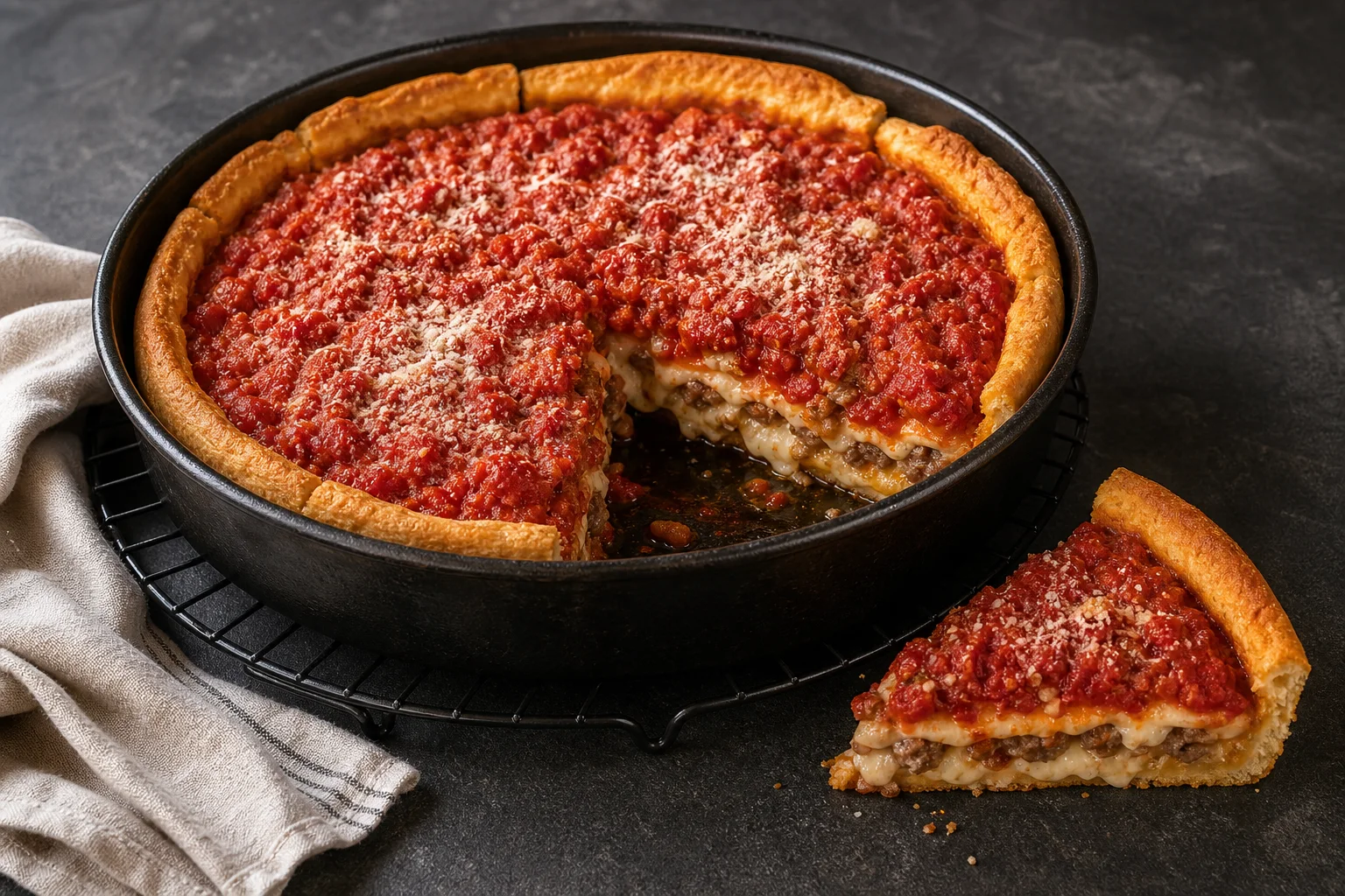 A baked 10-inch deep-dish pizza with thick tomato sauce, Parmesan, and a tall golden crust in a cast-iron skillet