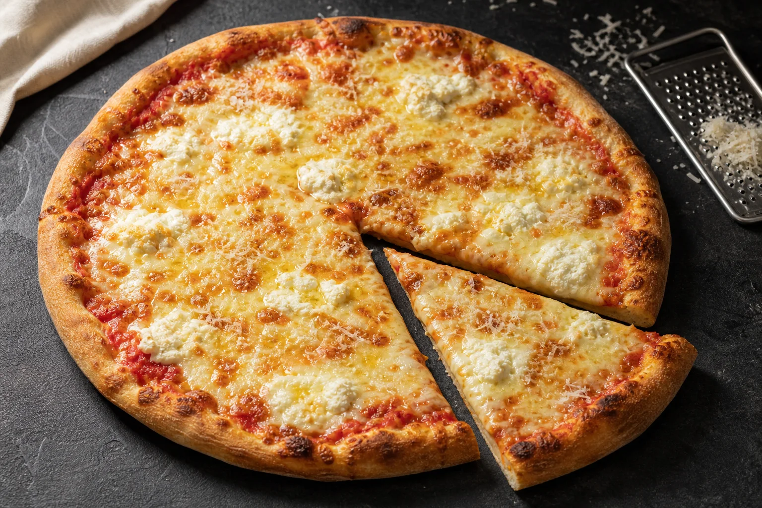 A sliced 12-inch four-cheese pizza topped with melted mozzarella and fontina, small ricotta dollops, grated Parmesan, and fresh basil