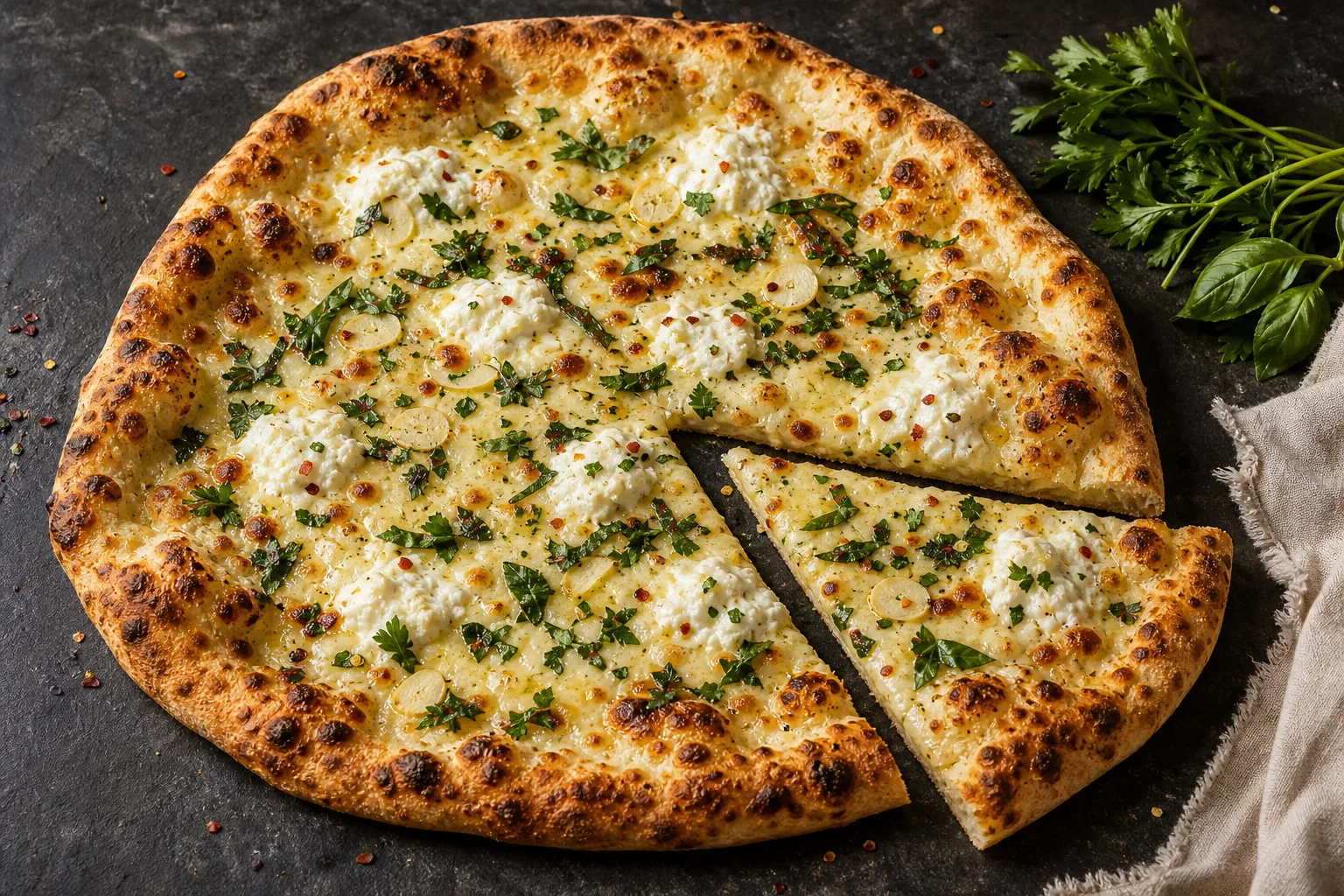 A sliced garlic, herb, and ricotta white pizza with browned crust, melted mozzarella, small ricotta dollops, black pepper, and fresh basil