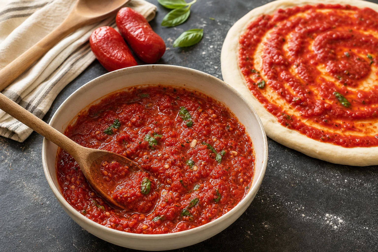A bowl of red homemade pizza sauce with a spoon, whole peeled tomatoes, garlic, oregano, basil, and olive oil arranged nearby