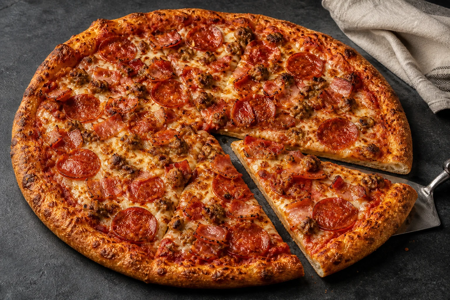 A sliced 12-inch meat lovers pizza topped evenly with pepperoni, crumbled sausage, chopped bacon, ham, browned mozzarella, and a crisp raised crust