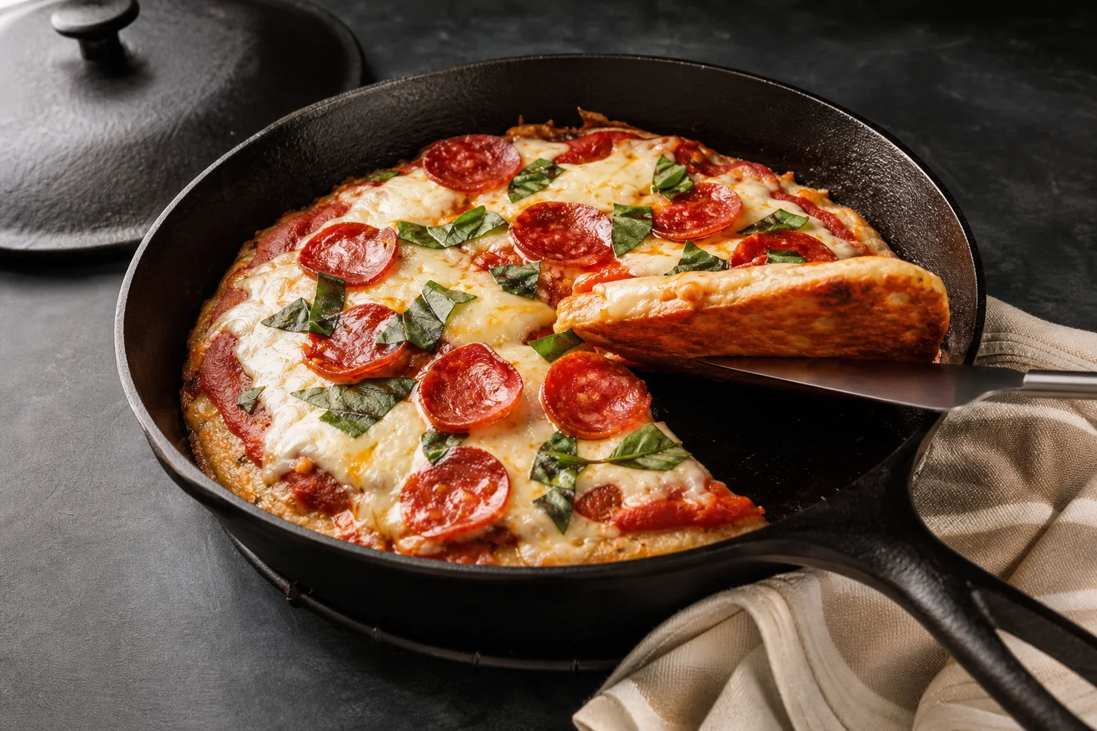 Two small stovetop pizzas with browned crusts, melted mozzarella, tomato sauce, and basil beside a covered cast-iron skillet