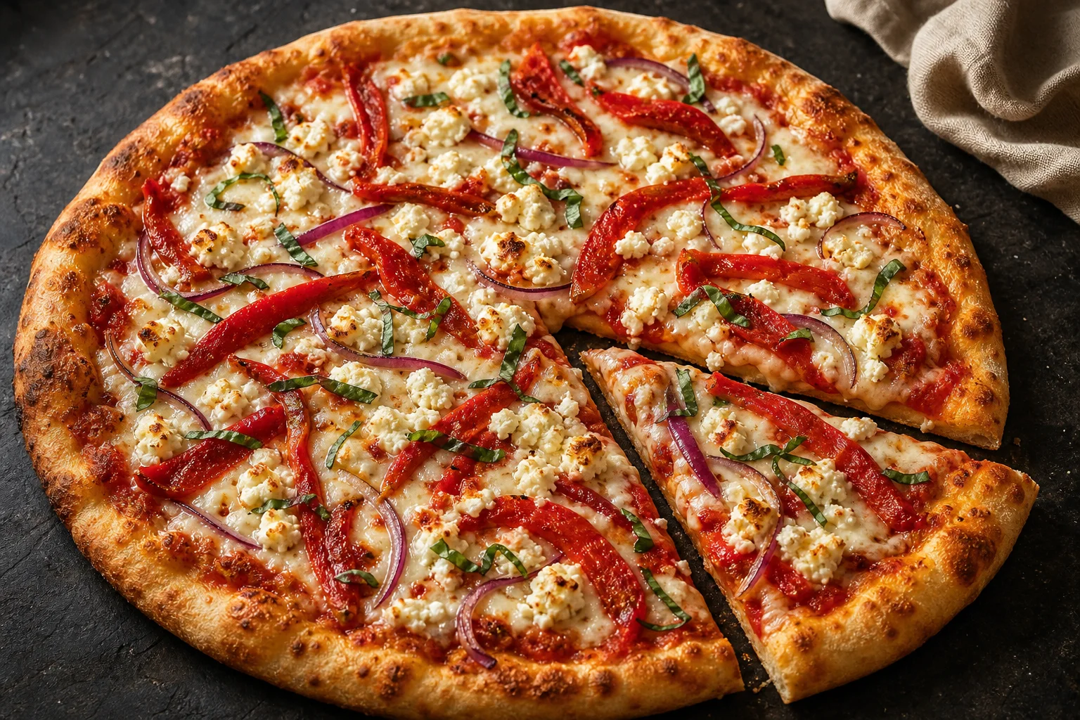 A sliced roasted red pepper and feta pizza with browned crust, melted mozzarella, crumbled feta, oregano, and evenly spaced pepper strips