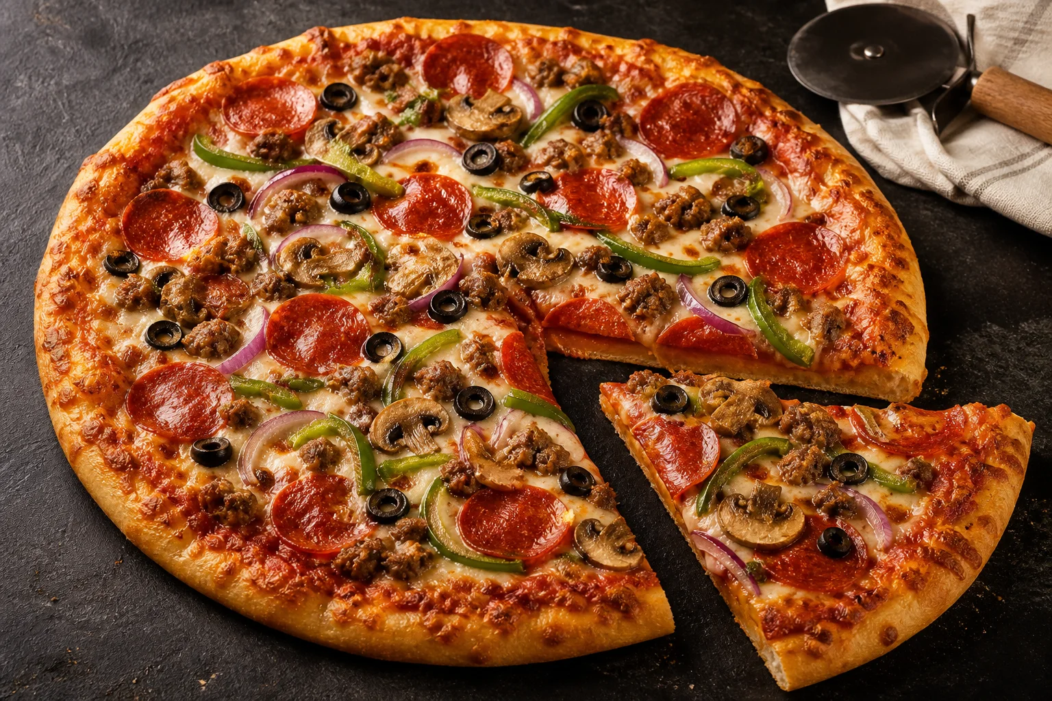 A sliced 12-inch supreme pizza topped with pepperoni, cooked sausage, green pepper, onion, mushrooms, black olives, tomato sauce, and browned mozzarella
