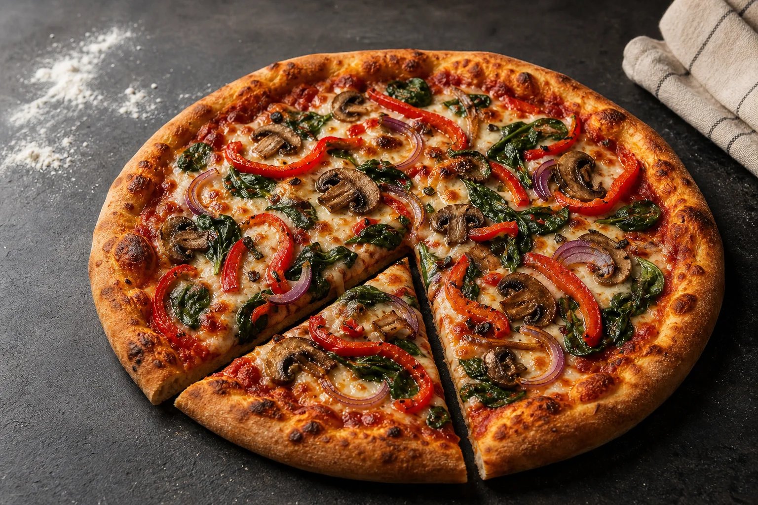 A sliced vegetable pizza topped with browned mushrooms, zucchini, bell pepper, red onion, tomato sauce, and melted mozzarella on a browned crust